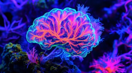 Wall Mural - a vibrant and surreal depiction of a brain-like structure surrounded by colorful coral. the colors b