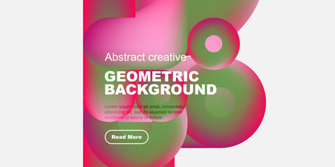 Wall Mural - Vibrant abstract design. Geometric shapes overlap, creating colorful background with text, button. Modern aesthetic.