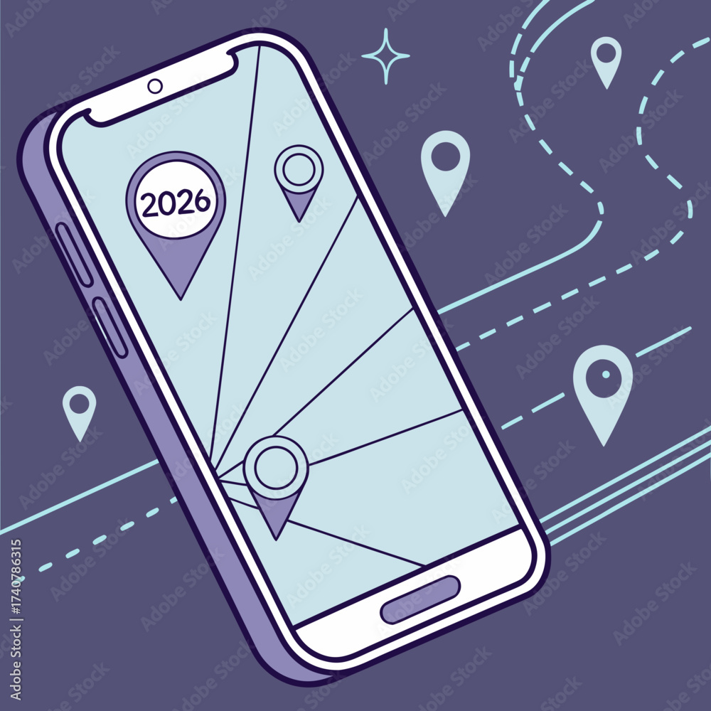 Smartphone Displaying A Navigation Map With Location Pins And The Year 1000 F 1740786315 