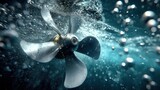 Dynamic underwater view of a spinning ship propeller with bubbles and light rays in deep blue water