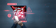 © ImageFlow - Person scanning dangerous QR code on laptop with smartphone, warning signs and digital virus concept on dark surface background, cybersecurity threat scene.