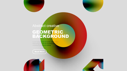 Wall Mural - Abstract geometric background features vibrant circles, text, button. Modern design with colorful gradients, clean lines, white space.