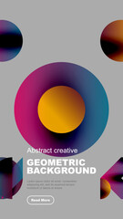 Wall Mural - Abstract geometric composition. Vibrant circles, gradients, dark backdrop create modern visual impact. Text promotes creative design.