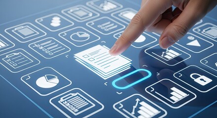 Finger Tapping White List Icon on Blue Futuristic Touchscreen Interface Mockup Design
