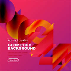 Wall Mural - Vibrant geometric shapes overlap, creating dynamic abstract background. Pink, purple, orange hues dominate design. Text promotes content.