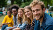 © Nataliya - Group of young adults expressing joy and support at a public gathering, under gentle natural light, showcasing vibrant energy and unity, serene community scene, calm gathering ligh