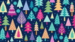 © Design one - Vector art of vibrant christmas tree pattern featuring a playful assortment of colorful and uniquely designed trees on a dark blue background, ideal for festive wrapping paper