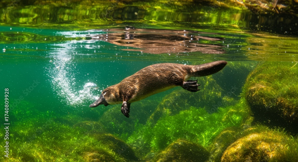 Foto Duckbilled platypus swimming in water, rare egglaying mammal of