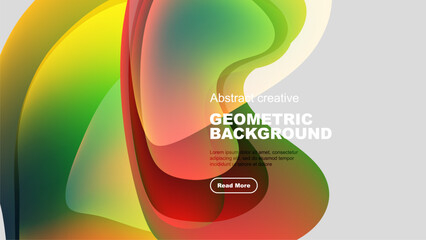 Wall Mural - Fluid shapes overlap, creating vibrant abstract background. Colors blend, forming dynamic composition. Text promotes further exploration.