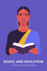 A happy Indian woman is holding an open book in her hands. Concept of education, learning and knowledge. Libraries and bookstores. Vector flat illustration