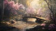 © Creative Insights - A serene landscape featuring a wooden bridge over a gentle stream, surrounded by blossoming trees in a vibrant, colorful forest setting