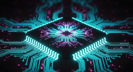 Dynamic glowing circuit board with intricate lines and nodes creating a futuristic technological network, symbolizing innovation and data flow