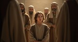 Young Jesus in the temple surrounded by elders in mid shot
