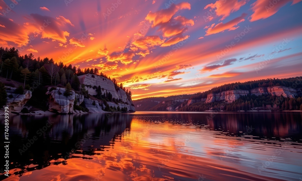 Vibrant sunrise paints the sky with fiery hues over calm Kingston Lake ...
