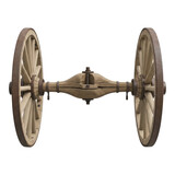 Old wooden wagon axle with wheels isolated on transparent background in studio
