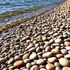 Wall Mural - Smooth, beige river pebbles line a tranquil shore, gently lapped by clear water, aquatic, water