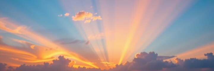 Wall Mural - Dreamy, blurred sunset sky backdrop. Soft pastel hues and warm golden light create a serene, peaceful atmosphere, abstract, horizon