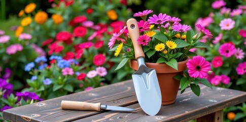 Wall Mural - Gardening tools rest amidst blooming plants in a terracotta pot, set on a weathered wooden table in a vibrant garden, tools, plants, shears