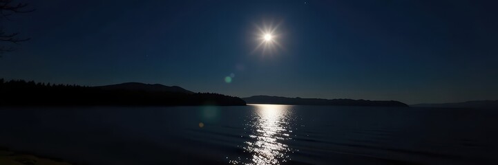 Wall Mural - Serene night scene: a full moon casts a brilliant, silvery path across calm, dark water, illumination, calm