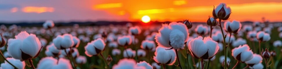 Wall Mural - Fluffy cotton grass blossoms bathed in the warm hues of a vibrant sunset, creating a serene and picturesque landscape, outdoor, twilight, cotton grass