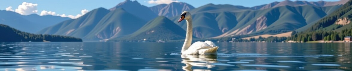 Wall Mural - Serene white swan glides effortlessly across tranquil lake, majestic mountains forming a breathtaking backdrop, lake, water