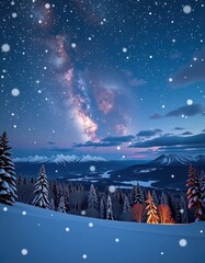 Wall Mural - Serene winter scene: falling snowflakes softly illuminate a tranquil landscape under a breathtaking starry night sky, white, tranquil, glittering