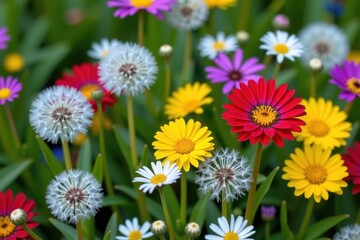 Wall Mural - Vibrant spring flower blossoms nestled amongst fluffy dandelion seeds, creating a colorful and cheerful springtime scene, yellow, fluffy, spring