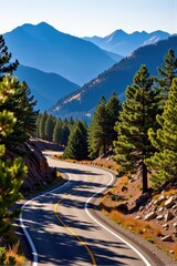 Wall Mural - Winding mountain road cuts through a dense pine forest, sunlight dappling the asphalt. Rugged peaks rise in the distance, a breathtaking vista, high altitude, untouched, mountains