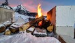 © Lidiawtcs - Fire burning with wood, snow, concrete blocks, and mountain backdrop
