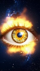 Wall Mural - Human eye with golden iris surrounded by bright cosmic light and distant nebula in a star filled galaxy night sky background