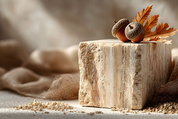 Wall Mural - Autumn Still Life with Acorns and Oak Leaves on Rustic Stone Surface for Seasonal Decor