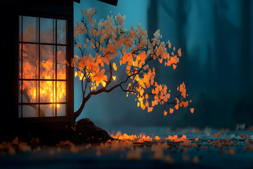 Wall Mural - Tranquil Autumn Evening: Warm Glow and Fallen Leaves for Serene Home Decor