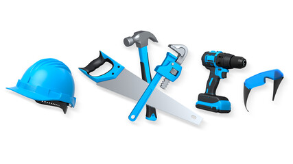 Construction tools and safety equipment shown on white background. Concept of work safety and building tools