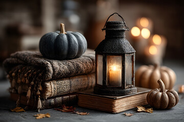 Wall Mural - Rustic Autumn Decor with Lantern, Books, and Pumpkins for Cozy Seasonal Atmosphere