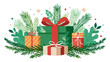 © SSCP DESIGN - Vector art of festive christmas presents with evergreen branches and leaves, creating a joyful and celebratory holiday arrangement