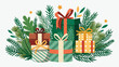 © SSCP DESIGN - Vector art of pile of christmas gift boxes with green leaves, festive presents for holiday season, celebration and new year
