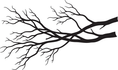 Elegant black vector silhouette of a tangled, bare tree branch reaching horizontally, perfect for nature, winter, and rustic design projects.