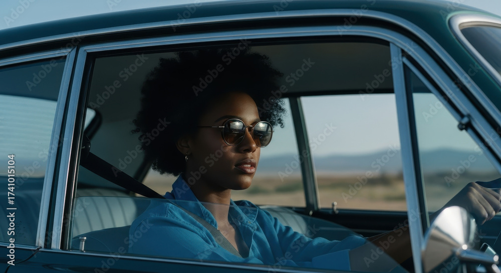 confident young african american woman in sunglasses drives vintage car ...