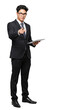 © Lily - A smartly dressed businessman points forward while holding a digital tablet.