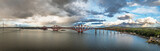 Panorama of Rain clouds over Forth Bridge from a drone, Queensferry Crossing, Forth Estuary, Scotland