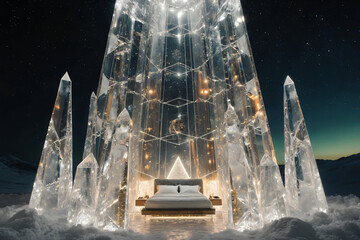 Wall Mural - An ice cube melts on blue liquid under the sky, creating a gentle splash and flow