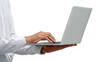 © Juiy - Professional person focused hand holding modern laptop computer. business concept showing work, technology and communication with portable device on an isolated background