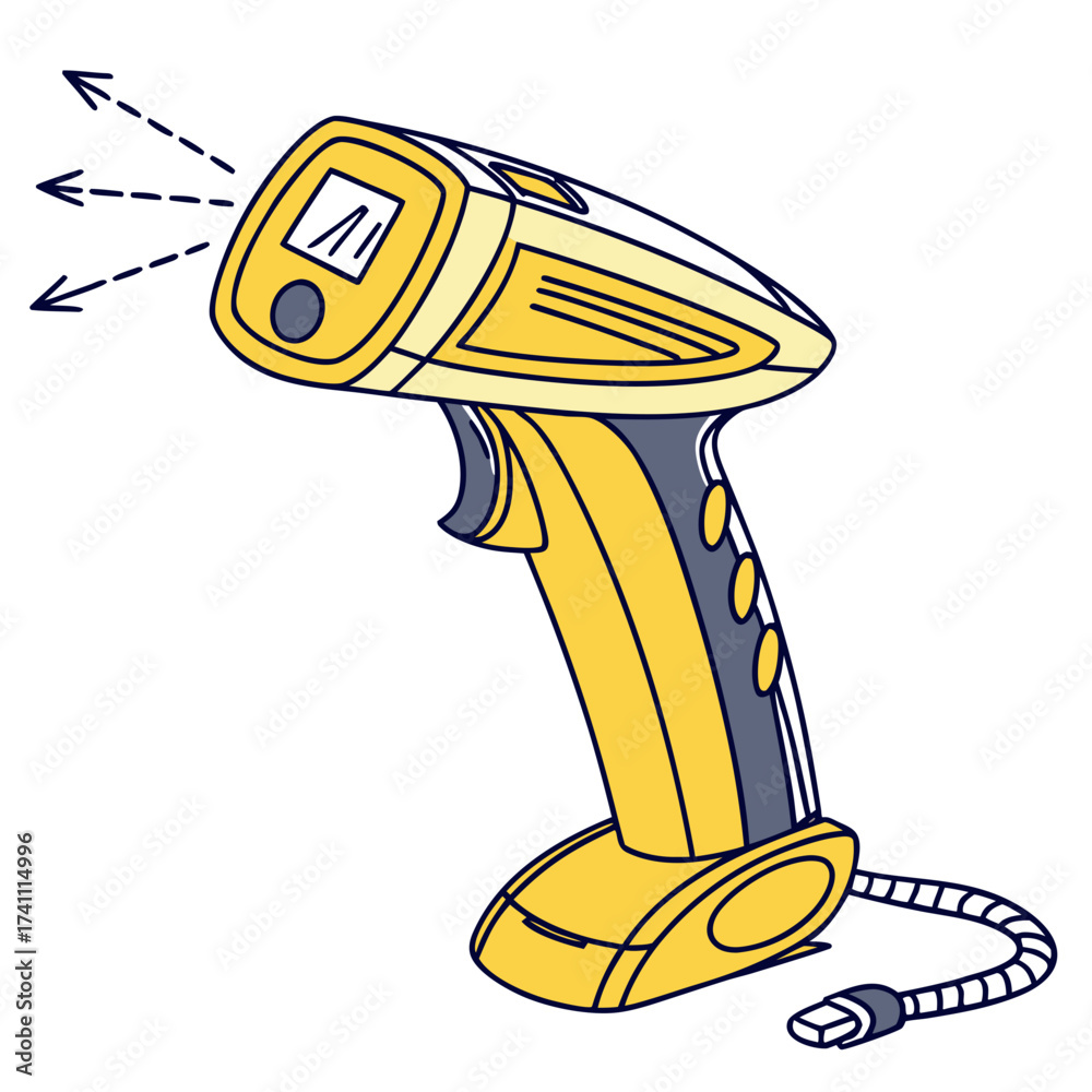 Yellow Scan Code Yellow barcode scanner with U S B cable and scanning beams Stock Vector ...