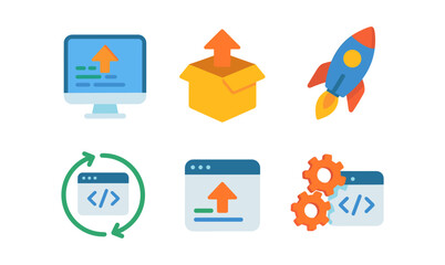 Flat style icon set for web development and software deployment