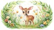 © pixedviszian - Watercolor painting of a baby deer in a floral meadow with flowers and leaves on a white background