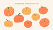 © aiselmisha - Orange and yellow pumpkins set. Thanksgiving, Halloween, stickers, seasonal pumpkins designs. Hand-drawn doodle pumpkins in various shapes and sizes. Autumn harvest. Vector illustration, flat, doodle