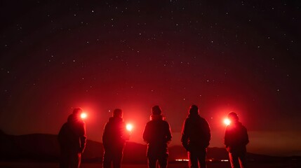 Wall Mural - Group of Explorers with Red Lights Standing Under Stars in a Dark Wilderness at Night