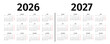 © Yevhenii - Annual calendar for 2026 and 2027. Calendar template for 2026 and 2027 in black and white colors. Annual calendar mockup on white background. The week starts on Monday. Vector