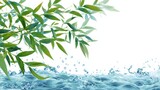 Vibrant green bamboo leaves cascade over dynamic ocean waves, creating a serene and refreshing natural scene perfect for wellness and spa themes.