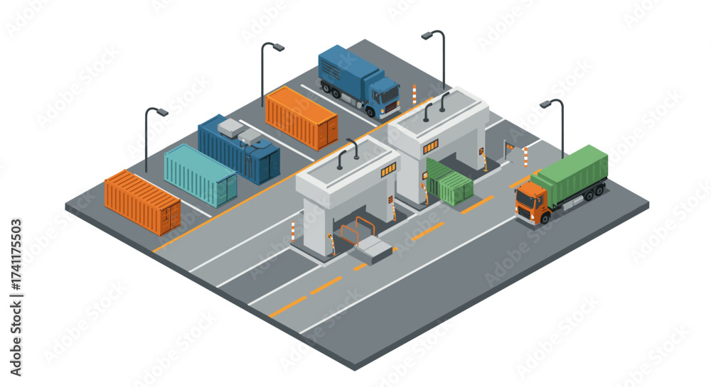 Modern isometric cargo terminal with containers and trucks on a roadway ...
